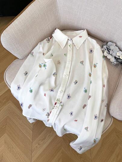 Camisa casual de mujer para primavera/otoño con estampado de mariposas y flores, con grafitis y bocetos enérgicos