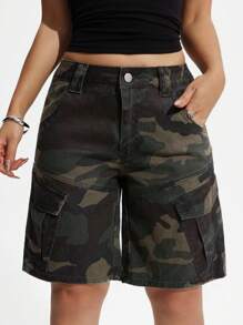 SHEIN PETITE 女士迷彩实用口袋宽松牛仔工装短裤 - 軍綠色 - 查看 5