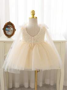 Baby Girl Lace Tulle Vacation Dress, Flower Girl Wedding Party Puff, Champagne Color, Bowknot Decor Fall Winter - Champagne - View 3