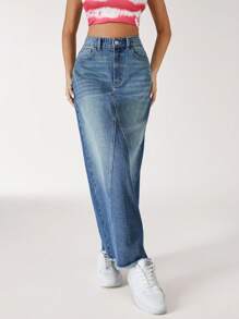 SHEIN EZwear 休闲长款水洗牛仔毛边裙 - 藍色 - 查看 6