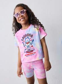 Maija Kids GARFIELD | SHEIN Maija Kids 两件套女童休闲圆领扎染卡通图案落肩宽松短袖T恤和骑行短裤套装，夏季扎染套装，女童夏季套装，女童夏季服装，女童夏季两件套，女童夏季套装，女童夏季套装，扎染套装 - 彩色 - 查看 5