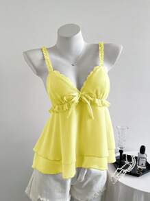 SHEIN Unity Camisola con escote en V de gasa con volantes en capas y patchwork elegante - Amarillo - Ver 4