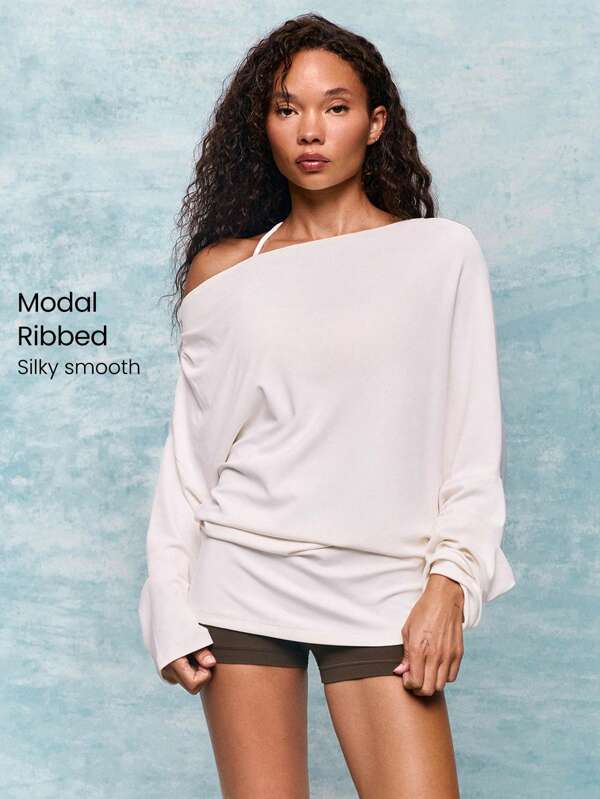 GLOWMODE Modal Ribbed Switch It Up Stretchy Breathable Pleated Cuffs Off-Shoulder Long Sleeve Active Tee Daily Casual Wear