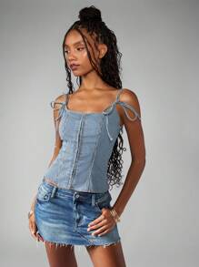 MISSGUIDED 牛仔紧身胸衣上衣紧身胸衣条纹图案夏季节日 Y2K 钩眼前系带肩休闲俱乐部派对 - 藍白色 - 查看 3