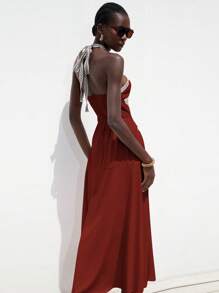 Aveloria Modichic Spring Summer New Ribbons Mixed Color Sleeveless Halter Dress - Coffee - View 2