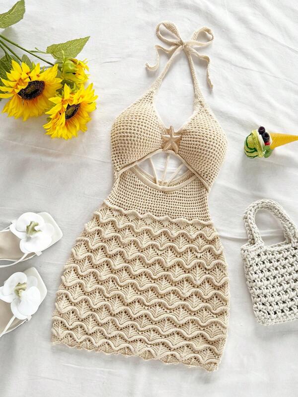 Soleia Vestido ajustado con escote en V, tirantes finos, calado y decoración de estrella de mar metálica. Ideal para vacaciones, citas, té de la tarde, festivales de música, estilo bohemio, vacaciones en la playa, verano con tirantes finos y atar en la espalda.