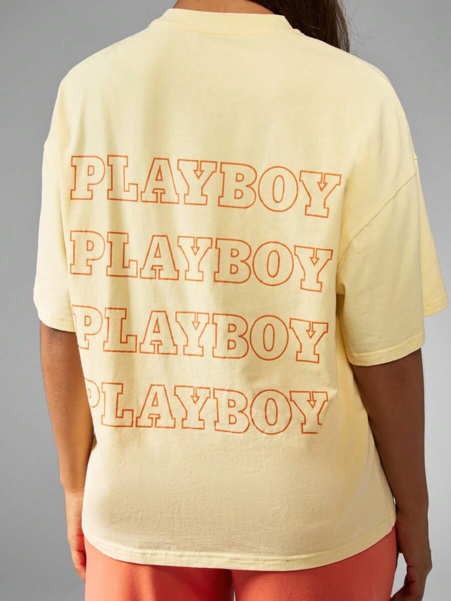 Missguided x Playboy Oversized Retro Style Graphic T-Shirt Fashion Casual Streetwear Top With Logo Print Unisex Fit Summer Spring Fashion Essential - Yellow - View 1