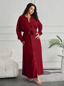 Plus Sıze Fancy Pocket And Belt Detaıl Long Dress - Burgundy - View 4