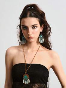 ROMWE Hippie Bộ trang sức Boho 3 món hoa tai tua rua lưới hình học Bohemian & vòng cổ dành cho nữ - Màu ngọc lam - Xem 4