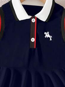 SHEIN 女童时尚休闲马球领无袖高腰A字纯色短下摆刺绣连衣裙