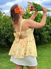 SHEIN EZwear Blusa casual de verano para mujer talla grande con estampado de limones y cuadros