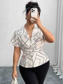 Elenzga 大码女式扭结交叉V领修身几何线条衬衫 - 杏色 - 查看 3
