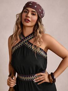 Freevana Plus Size Vacation Cross V-Neck Strap Summer Boho Jumpsuit With Long Pants - Black - View 3