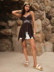 Easelle Women Summer Bohemian Vintage Embroidered Brown Halter Neck Asymmetrical Hem Blouse - Brown - View 7