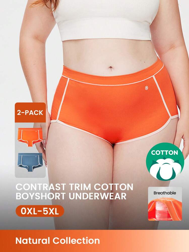 Plus 2-Pack Cotton Mid Waist Boyshorts Women Underwear Panties Set