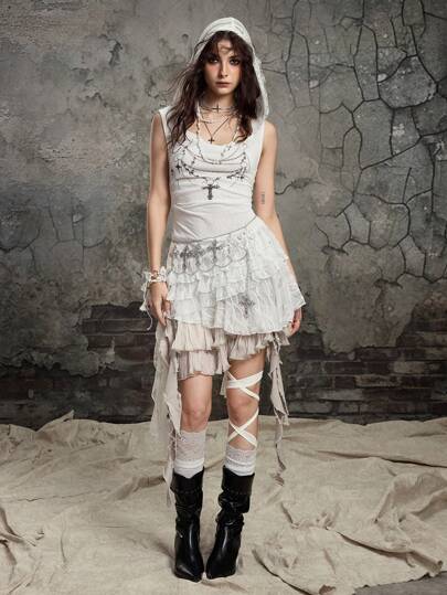 Grunge Punk Y2K Vintage Scooped Neckline Sleeveless Hoodie Hem Asymmetrical Cross Chain Print Apocalyptic Style Tank Top