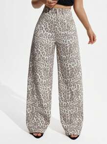 SHEIN ICON Women's Leopard Print Pocketed Wide Leg Loose Casual Jeans - Multicolor - View 4