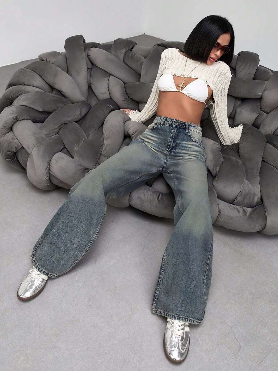 HIGH WAIST WIDELEG VINTAGE WASH JEAN Women S Clothes Women S Bottoms - Medium Wash - View 1