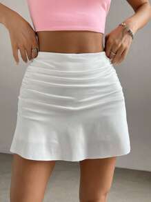 SHEIN x Carly Lawrence SHEIN EZwear Spring Break Solid Ruched Ruffle Hem White Skirt - White - View 1