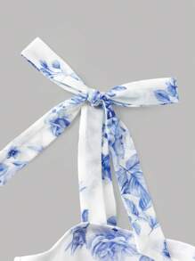 Tween Girls Blue Spaghetti Strap Bowknot Elegant Pleated A-Line Layered Ditsy Floral Mesh Party Dress, Suitable For Spring/Summer, Vacation, Holiday, Birthday, Graduation Blue Floral Dress ,Blue And White Floral Dress, Tie Strap Dress,Suitable For Party, Wedding, Flower Girl  Dress,Bow Dress,Wedding Dress Kids,Wedding Dress Kids - Blue - View 3