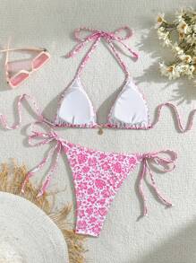 Swim Vcay 女款夏季海灘花卉印花掛脖綁帶前胸性感比基尼兩件式泳衣，隨機印花 - 粉色 - 查看 2