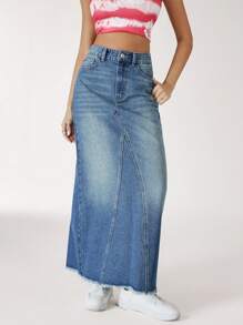 SHEIN EZwear 休闲长款水洗牛仔毛边裙 - 藍色 - 查看 3
