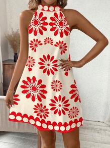SHEIN Clasi 红色花卉印花挂脖女式夏季度假连衣裙 - 紅色 - 查看 4
