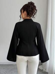 Elenzga 大码女式纯色长袖单排扣休闲宽松衬衫 - 黑色 - 查看 2