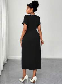 Maweii Đầm ôm body cổ chữ V tay ngắn thanh lịch thường ngày cho nữ cỡ lớn - màu đen - Xem 2