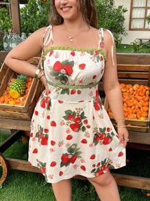 SHEIN EZwear Plus Size Summer Vacation Casual Contrast Lace Strawberry Romper - Apricot - View 6