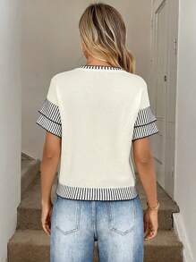 Easowa Women's Stripe Contrast Trim Knit Blouse With Short Sleeve,Knitted Sweater - Multicolor - View 2