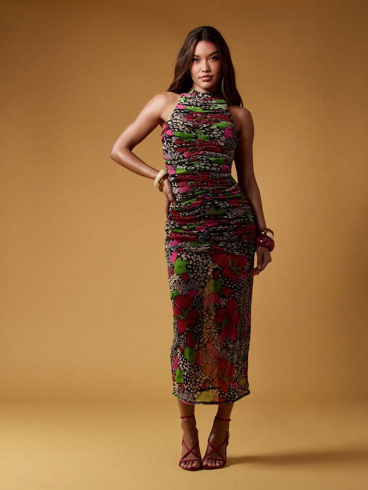 MISSGUIDED Floral Print Ruched Maxi Dress High Neck Halter Evening Party Wedding Guest Summer Holiday Special Occasion Long Bodycon Dress With Open Back