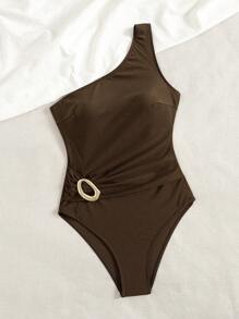 Swim Vcay 女士海滩夏季音乐节棕色金属首饰单肩优雅度假风格连体泳衣 - 棕色 - 查看 6