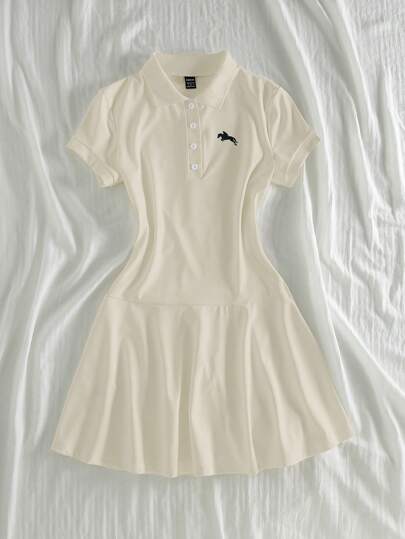 Elamini Vestido de manga corta con cuello polo y estampado de caballero, de estilo casual para mujer, para el verano