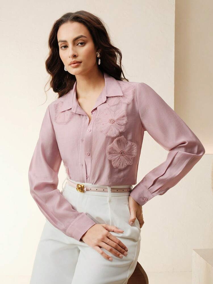 Camicetta ampia e raffinata in Tencel blu con stampa floreale 3D, adatta per la primavera, festival, vacanze, uso casual