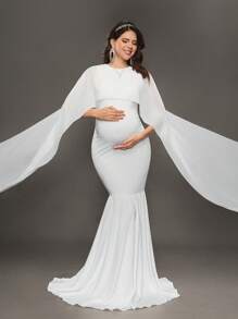 SHEIN Capa de gasa tipo cárdigan y vestido largo de punto ajustado para sesión fotográfica de maternidad, para fiesta de del bebé