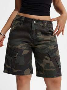 SHEIN PETITE 女士迷彩实用口袋宽松牛仔工装短裤 - 軍綠色 - 查看 1