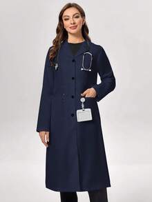 TaskEZ Solid Color Front Button-Up Mid-Length Lab Coat - Navy Blue - View 4