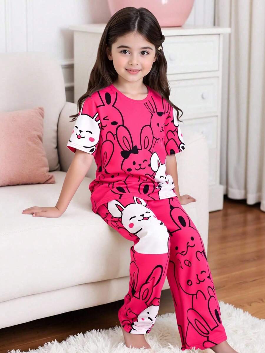 SHEIN 補間女童寬鬆休閒卡通圖案圓領寬鬆短袖寬長褲兩件套家居服 - 玫紅色 - 查看 1