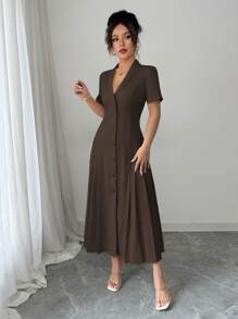 Elenzga 女士春夏法式优雅通勤商务休闲纯色翻领纽扣腰 A 字褶袖长裙 - 咖啡 - 查看 3