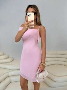 Roylia Women's Fashionable & Sweet Pink Asymmetric Hem Spaghetti Strap Mini Dress, Summer - Pink - View 6