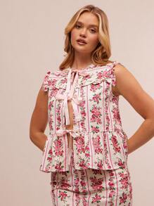 WESTFADE Áo denim không tay xếp nếp xếp tầng kẻ sọc hoa mùa hè thắt nơ phía trước phong cách Boho Cowgirl Nashville Rodeo - Nhiều màu - Xem 5