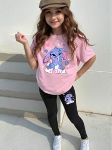 SHEIN Sparklyn 女孩休闲时尚可爱卡通针迹字母图案印花基本款短袖 T 恤和长裤套装，兄弟姐妹装搭配套装（2 件套单独出售） - 彩色 - 查看 1