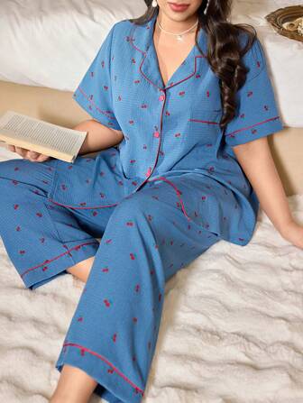 CottageSlumber Plus Size Cherry Printed Loose Comfortable Pajama Set, Spring Bountiful Floral Splendor  Cozy And Elegant Details
