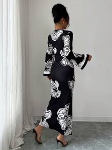 Elenzga Autumn Women's Sexy Bohemian Floral Print Concert Dress - Black - View 2