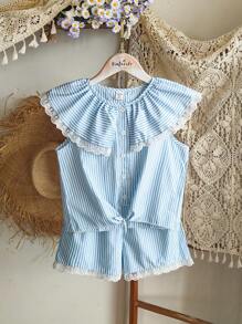 SHEIN Vintaside Kids Mädchen Ärmellose Spitze Große Kragen Mode Einfach Top Kombiniert Mit Lässig Vielseitig Spitzenshorts Set, Perfekt Für Sommer Zuhause Lässig Oder Für den Täglichen Outdoor-Gebrauch