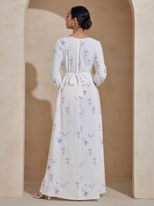 Graceveil Damen Kleid mit digitalem Muster, Rundhalsausschnitt, Langarm, Gürtel, schlicht & elegant im arabischen Stil