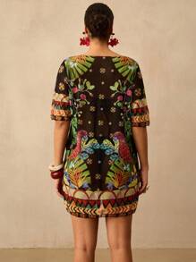 Travachic 加大码热带印花透明性感罩衫休闲度假海滩旅行宽松短袖套头衫