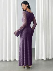 Modelyn 优雅蝴蝶结网眼不对称领口连衣裙