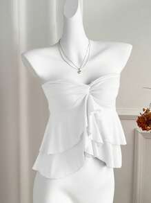 SHEIN Unity Áo Crop Top xoắn kép đa năng lãng mạn - trắng - Xem 7